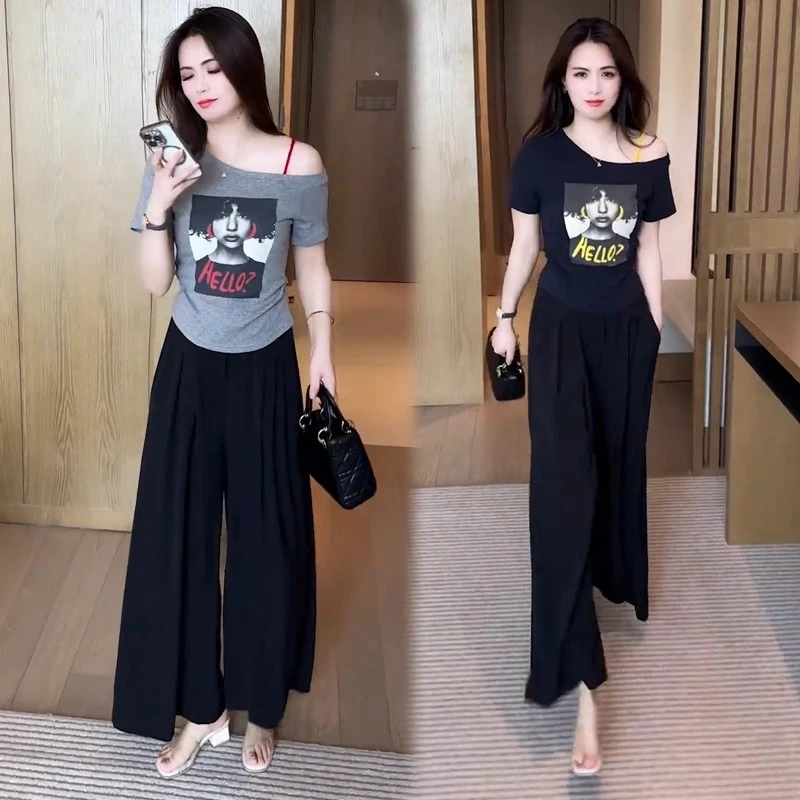 时尚套装女2025夏季新款时髦洋气露肩短袖T恤阔腿裤气质两件套潮