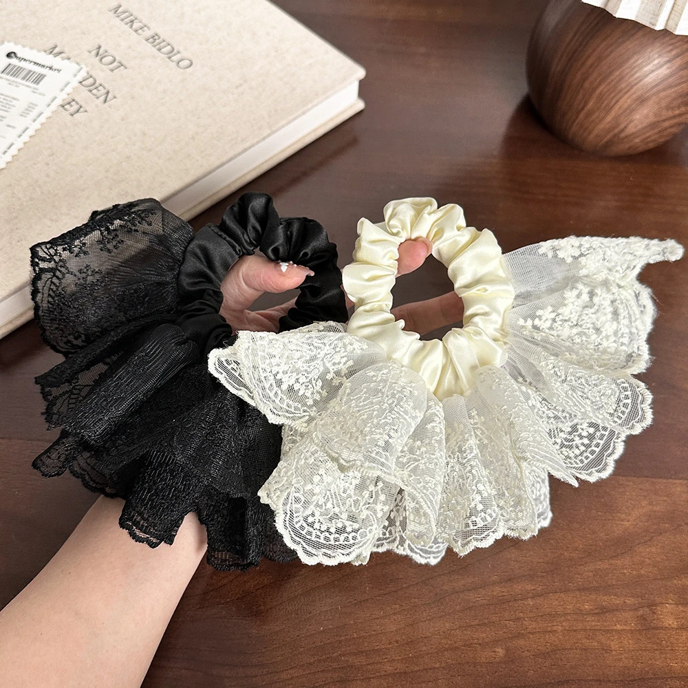 韩国气质黑透明双层蕾丝头花裙摆小肠圈显发量多低马尾皮筋发绳