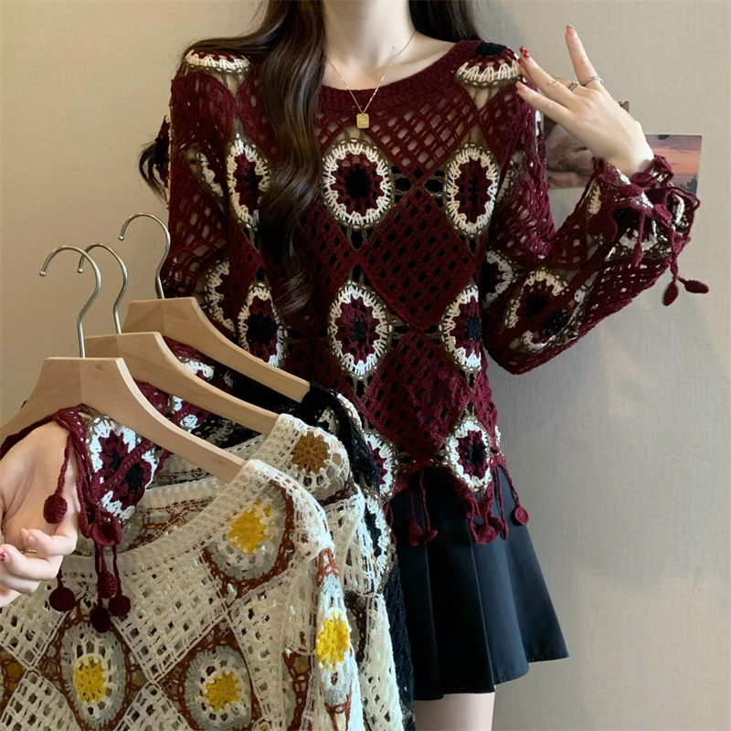 大码早秋钩花流苏针织衫气质百搭显瘦镂空毛衣罩衫女