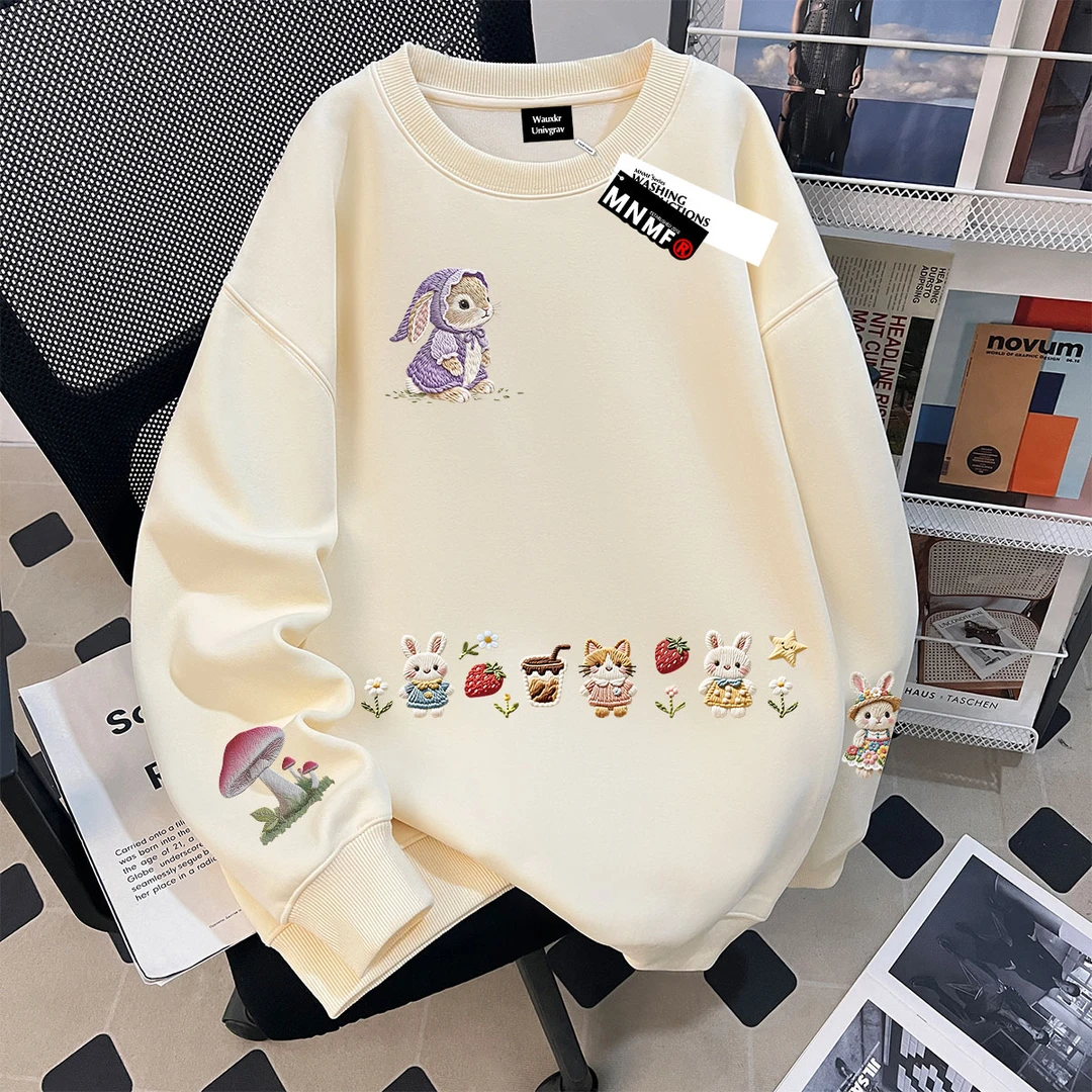 秋冬季新款仿刺绣趣兔子印花女童加绒圆领卫衣中学生休闲百搭上衣
