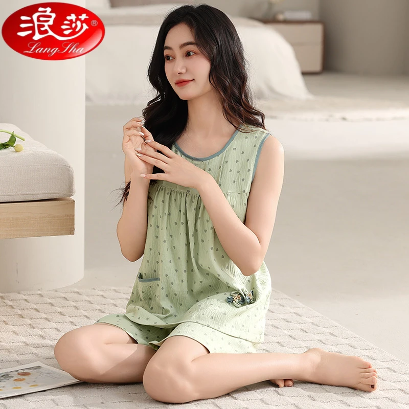 浪莎品牌睡衣女夏季无袖背心短裤家居服女士大码薄款家居服可外穿