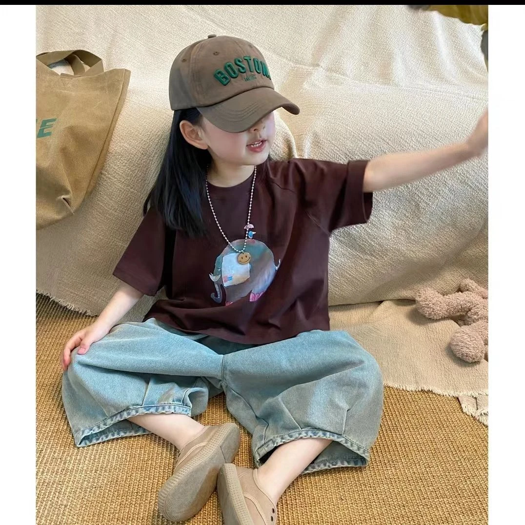 戴维贝拉儿童套装夏季2024新款女孩女童短袖薄款牛仔洋气七分裤洋