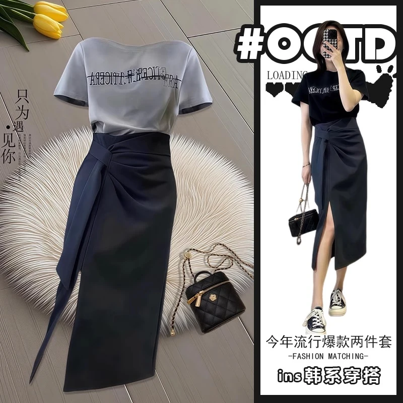 港风显瘦两件套装女2025夏季法式字母短袖T恤高腰包臀开叉半身裙