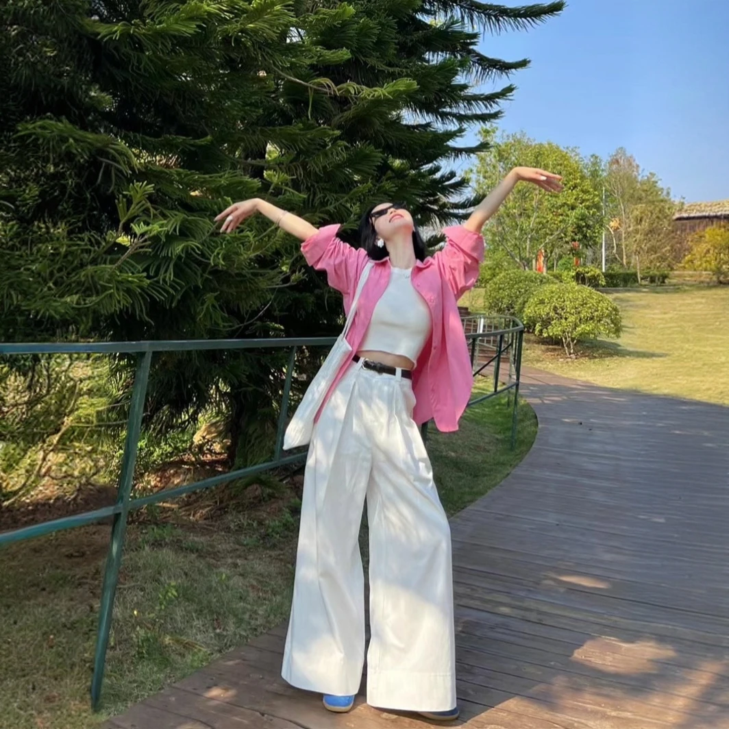 潮流时尚套装秋季新款韩系粉色宽松慵懒衬衫背心上衣白色休闲裤女