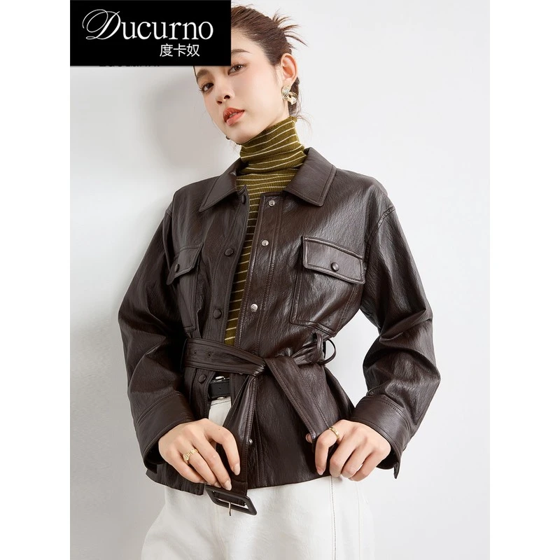 度卡奴高级感pu皮衣外套女2025秋新款系带洋气复古酷飒风炸街上衣