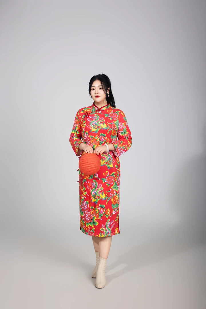 福利【东北大花】大码女装初冬新款复古显瘦提花立领旗袍连衣裙
