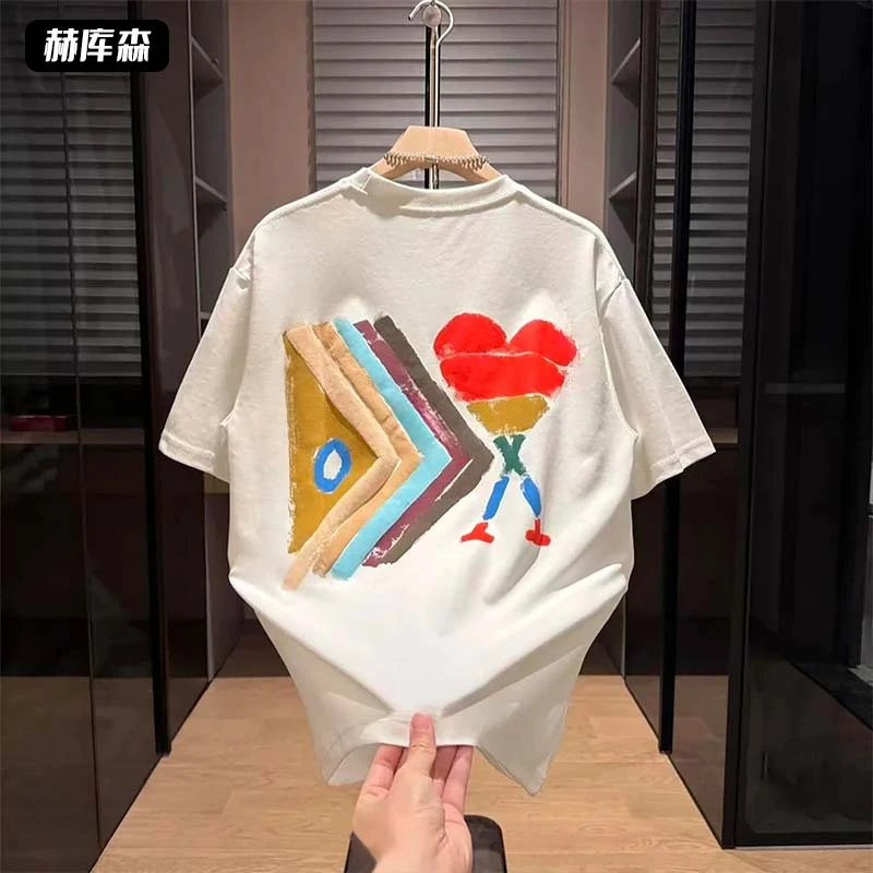 赫库森韩系高街重磅纯棉短袖T恤衫ins设计感宽松圆领男士百搭上衣