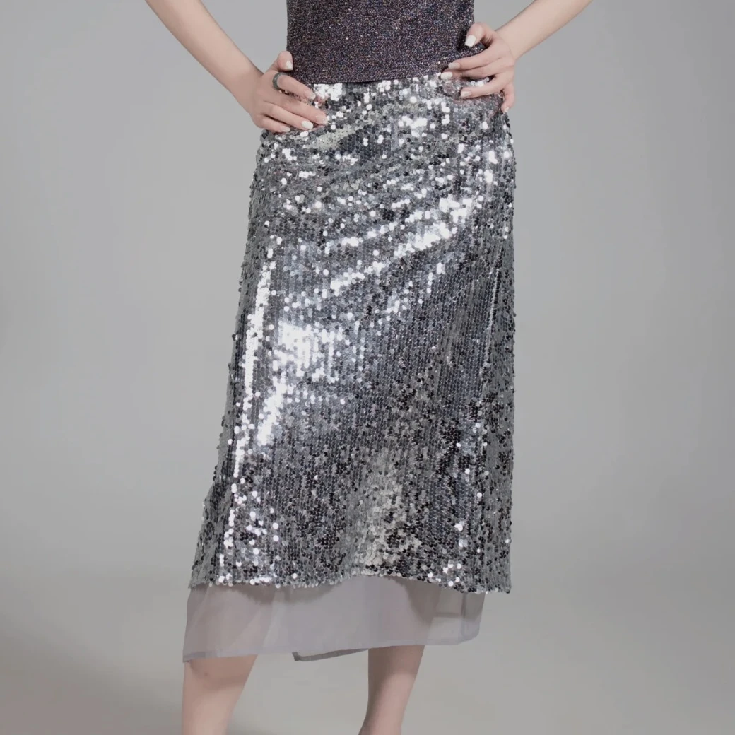 多多家-亮片重工银色百搭半身裙Q094