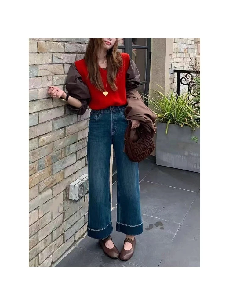 高腰直筒翻边长裤牛仔裤女2025秋季新款大码胖mm宽松显瘦阔腿裤