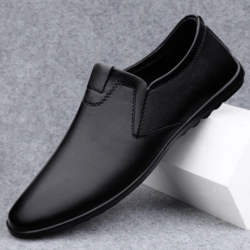 皮鞋男秋冬新款透气软皮软底简约百搭男鞋一脚蹬英伦风男士休闲鞋