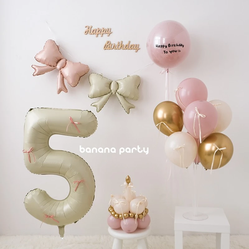 粉雾芭蕾蝴蝶结小蛋糕气球宝宝周岁生日数字客厅墙面拍照场景布置