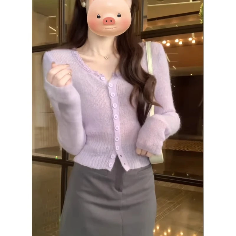 小个子紫色花边拼接针织开衫女早春季修身短款超好看温柔独特上衣