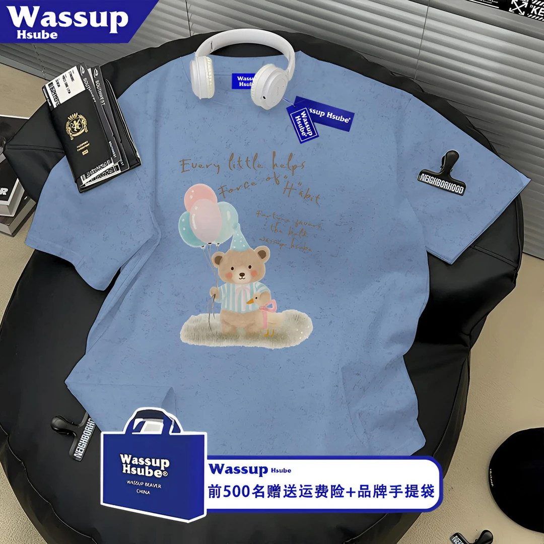 WASSUP HSUBE美式印花短袖小熊气球T恤夏季男女宽松扎染纯棉半袖
