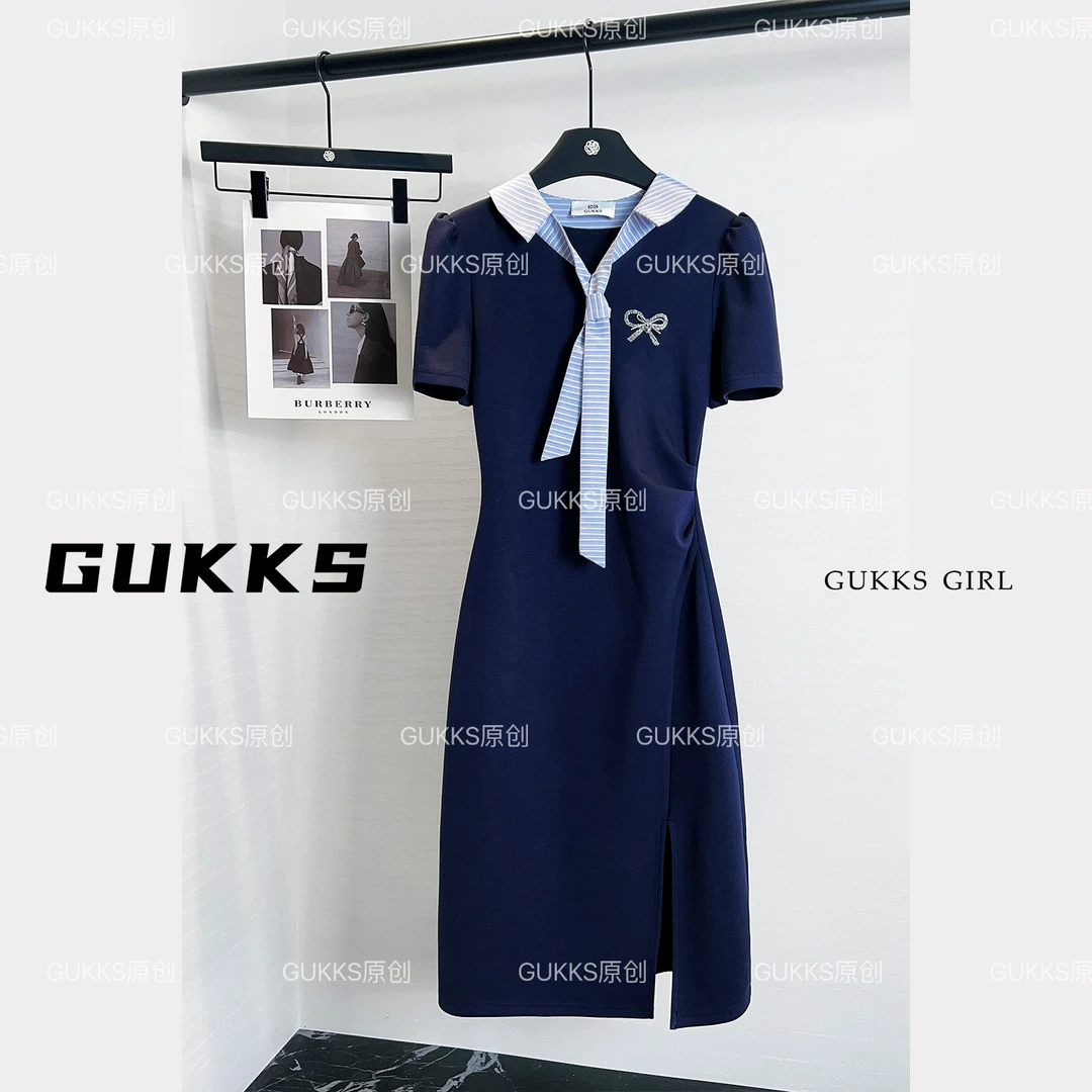 GUKKS甜辣纯欲拼接翻领短袖连衣裙新款小个子收腰显瘦长裙GK509