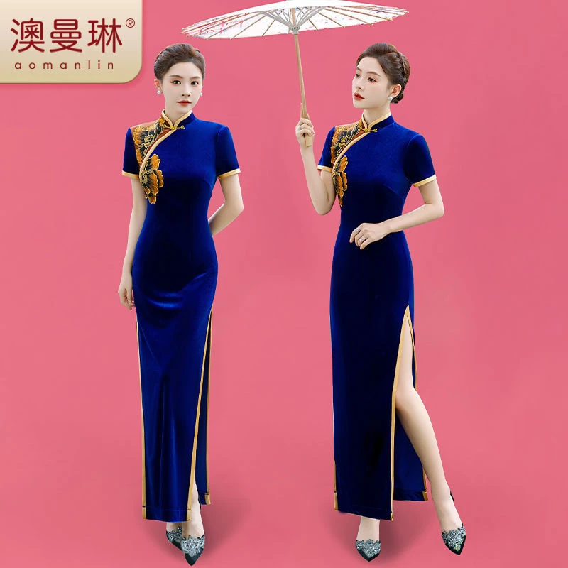 新款优雅长款旗袍修身表演服中年女士走秀服装民族风情复古中袖