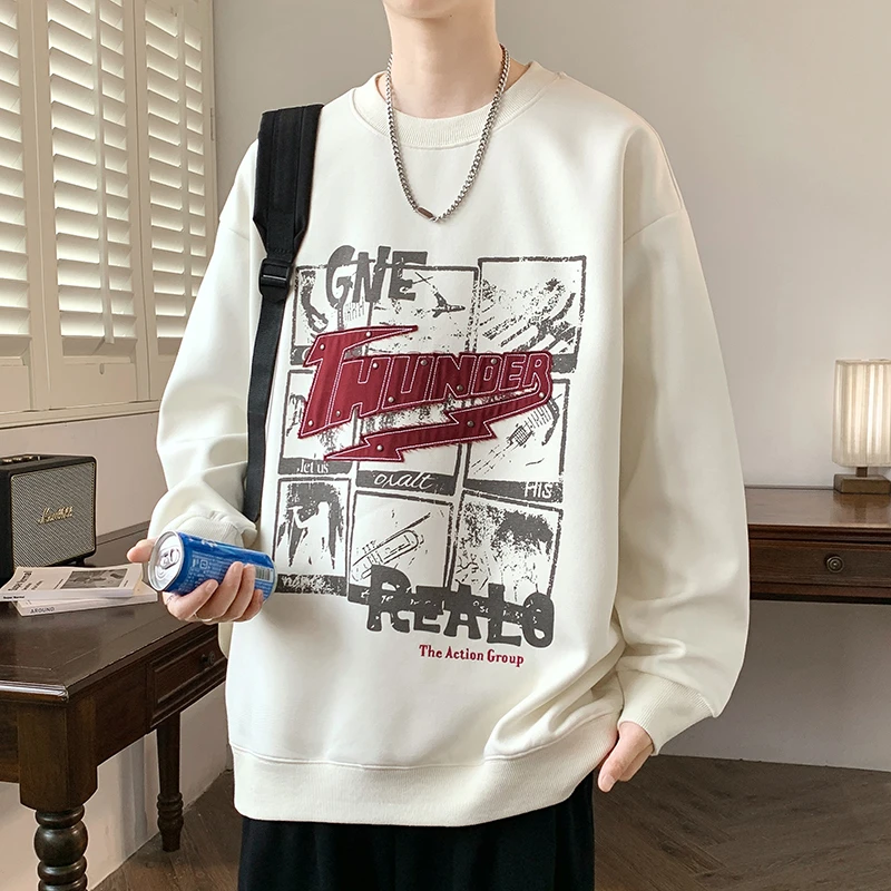 圆领卫衣男秋季美式印花长袖t恤青少年内搭衣服春秋款打底衫男