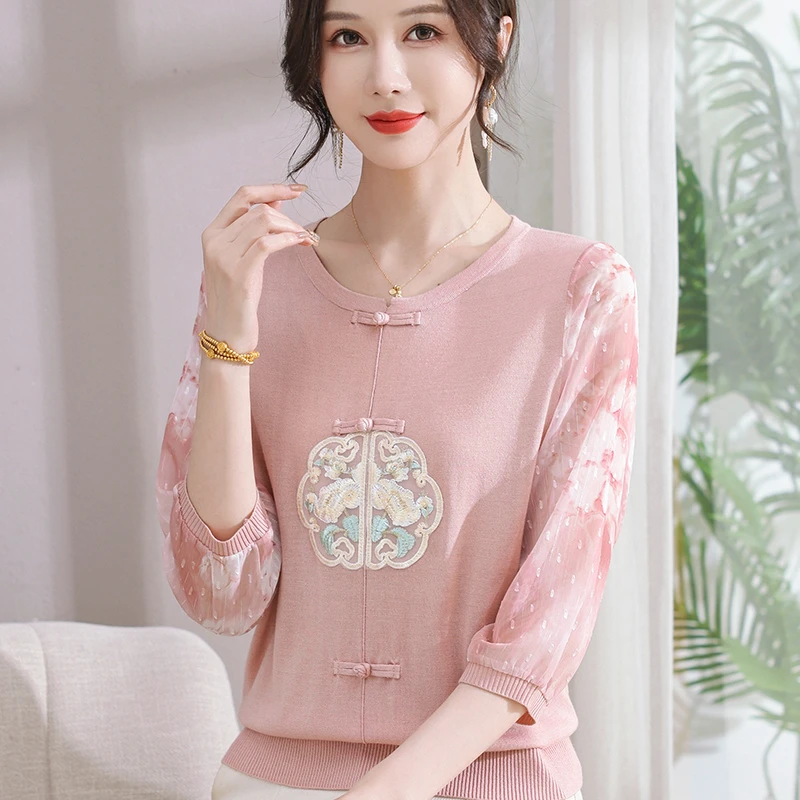 妈妈春装2025新款国风纱袖T恤上衣中老年女夏季薄款针织打底小衫