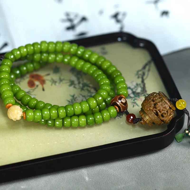 108颗绿菩提直切+莲花雕刻款三圈手串33000（无礼盒）