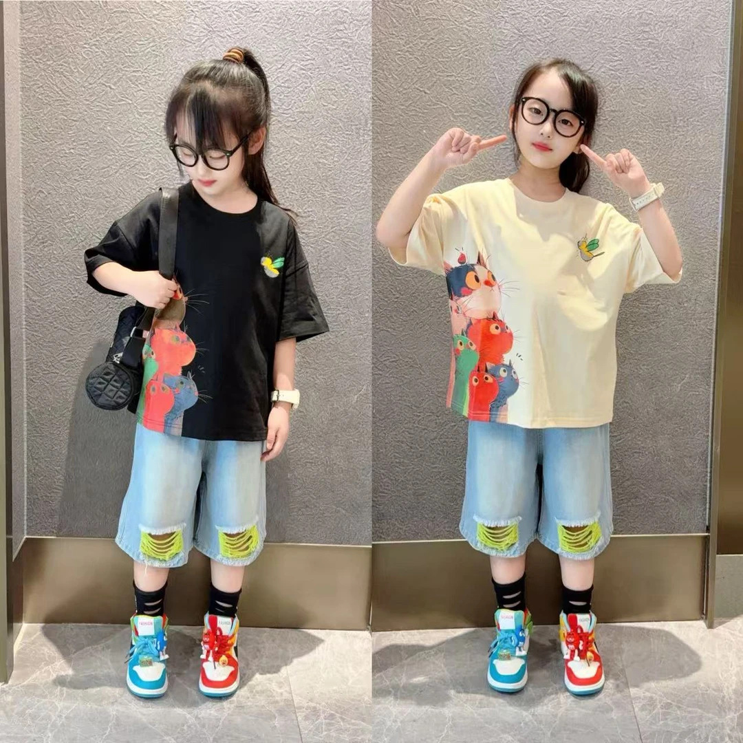 儿童夏季潮酷休闲风洋气破洞牛仔中裤男女童宽松时髦百搭短袖T恤