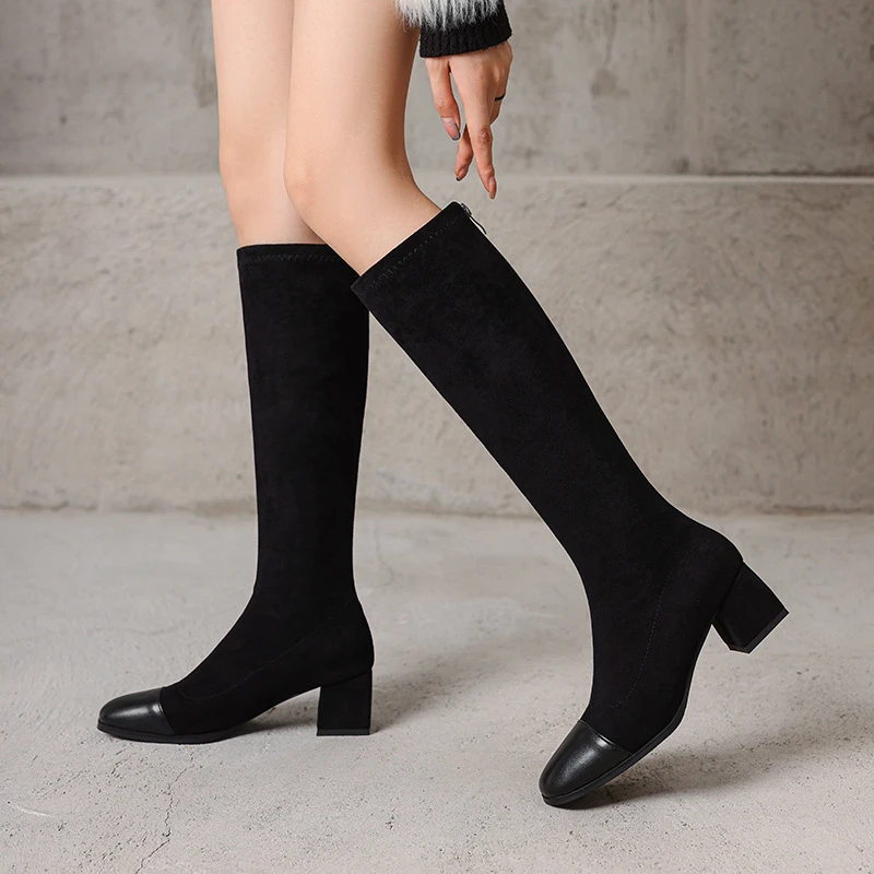 磨砂绒靴43跟高筒女靴秋冬新款拼接33外贸英伦靴子粗中骑士靴成年