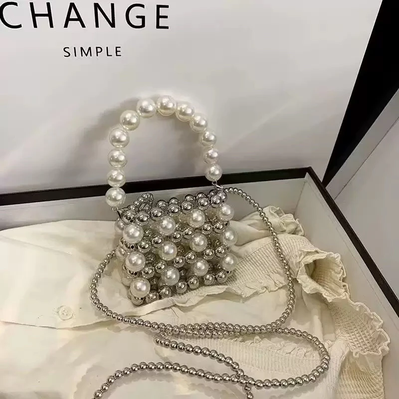 网红珍珠包包女包串珠包时尚简约单肩手提包小众手工斜挎链条包