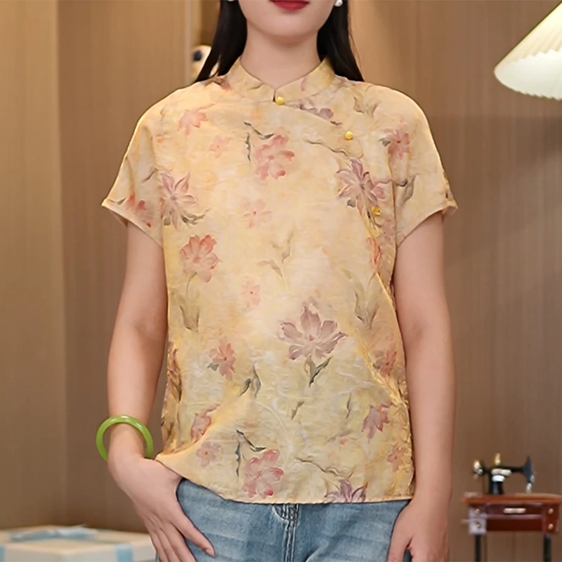 【花弄影】女士新中式夏季圆领小衫国风休闲百搭气质上衣夏装