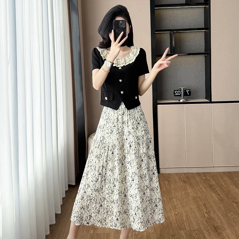时尚套装夏季荷叶边拼接显瘦气质上衣＋小碎花半身裙两件套女