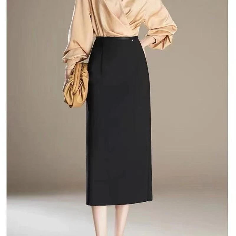 秋冬加绒百搭小个子中长款后开叉一步半身裙气质款黑色通勤显瘦