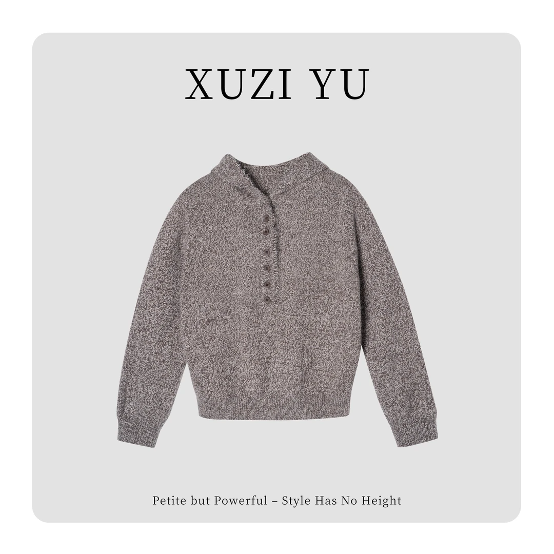 XUZI YU.小个子定制镂空钩花连帽半排扣套头长袖针织衫771-M82071