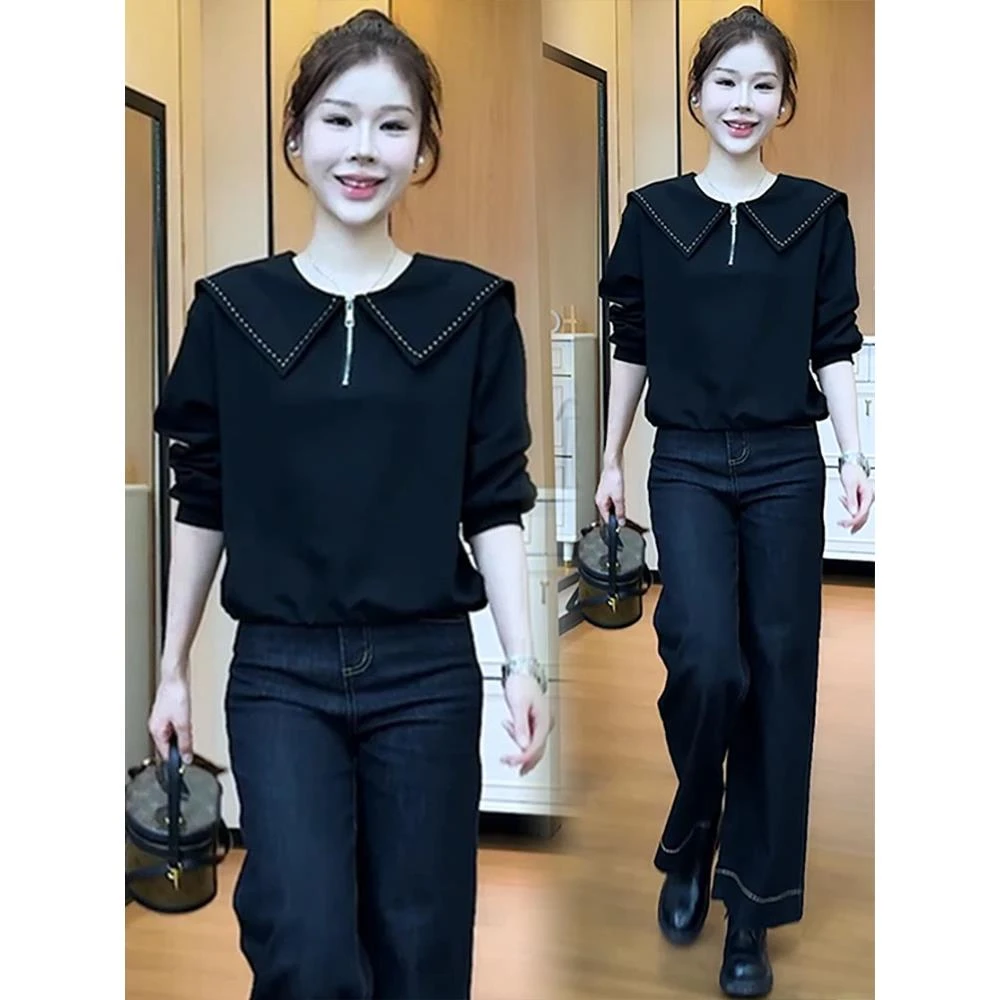 时尚休闲卫衣女2025秋季新款洋气减龄遮肉显瘦娃娃领百搭长袖上衣