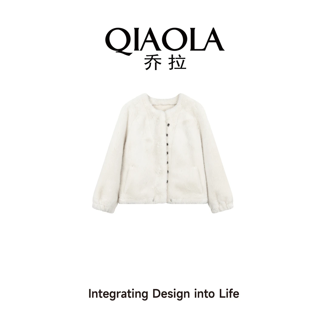 QIAOLA/乔拉【向阳雏菊】秋冬仿兔毛圆领单排扣慵懒遮肉短外套