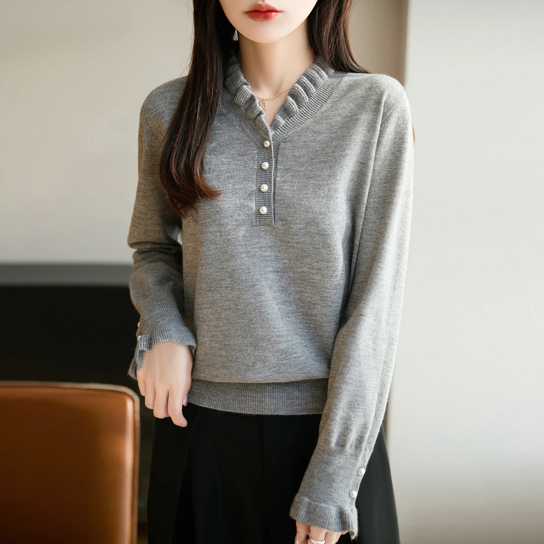 纯100羊毛针织衫法式香风女秋冬新款木耳领纯色宽松纯色打底毛衣