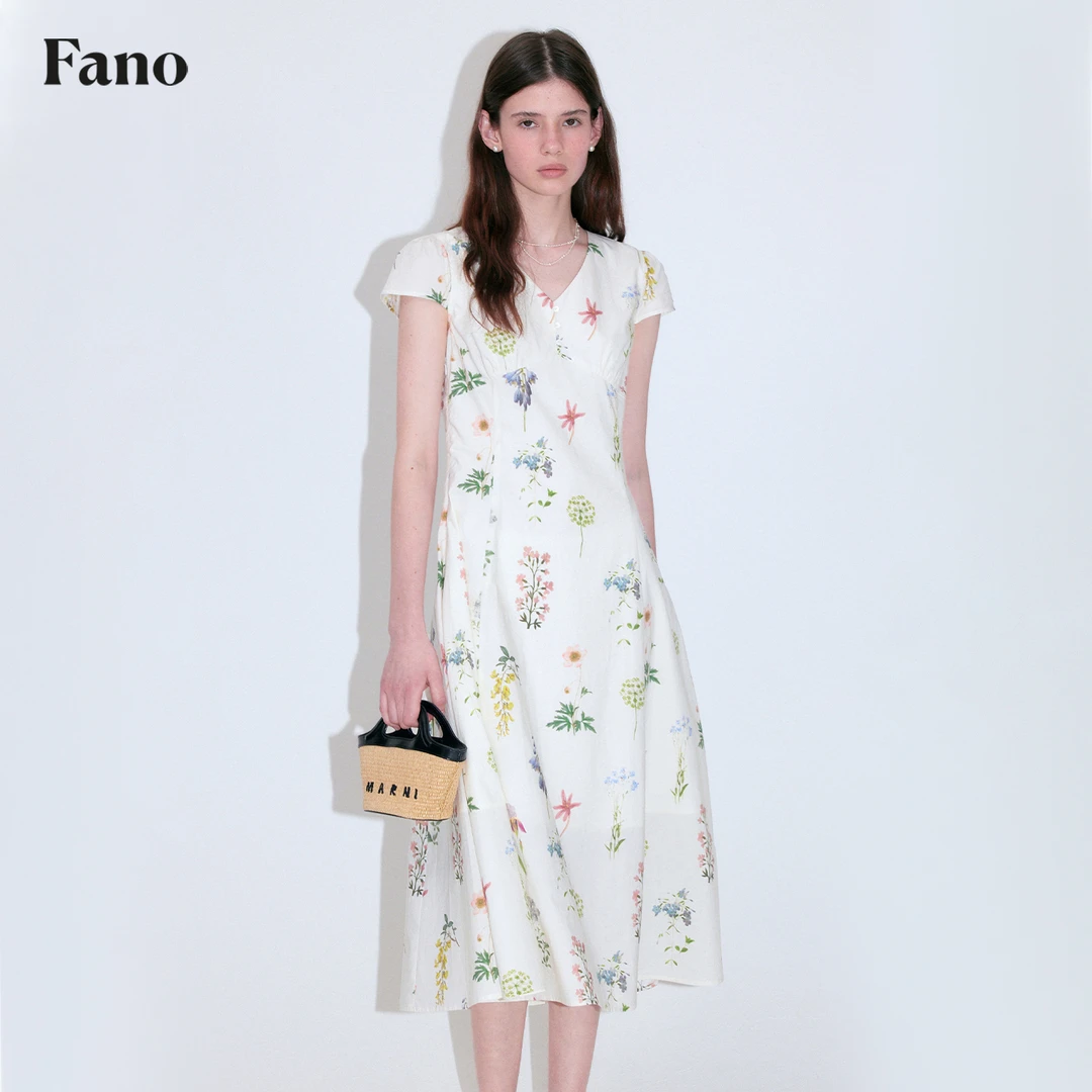 范洛Fano 法式田园浪漫满印花束泡泡飞袖V领显瘦连衣裙FQ25L007