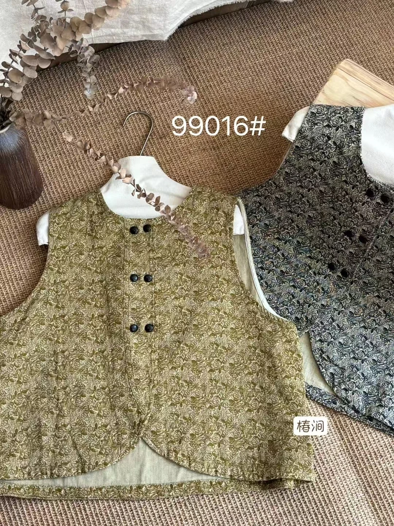 复古文艺双排扣碎花下摆不规则马甲 （衣长57胸围120）