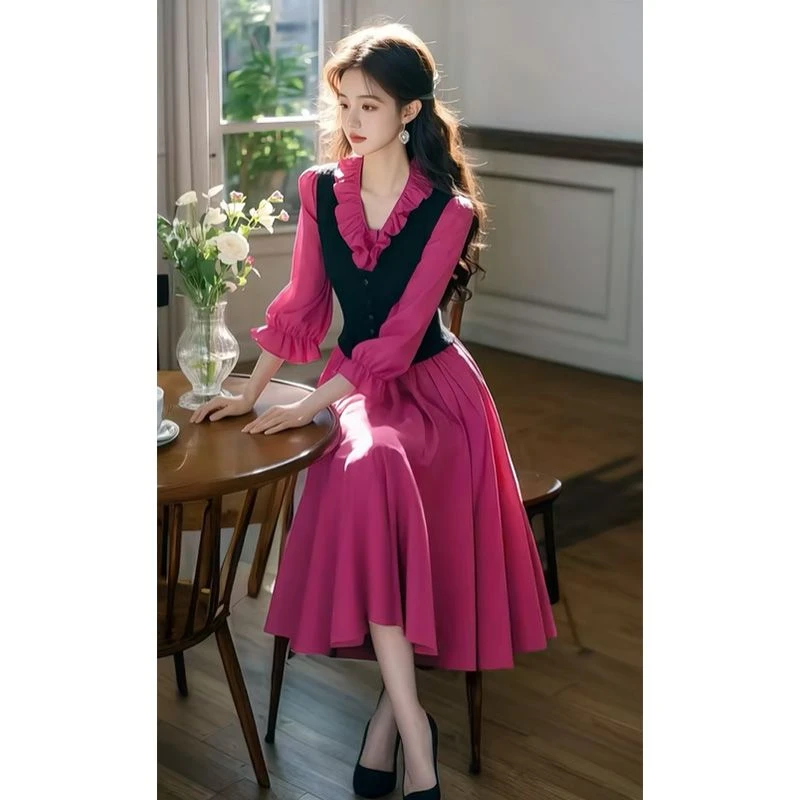 春季套装女2025新款大码女装法式气质木耳边衬衫裙针织背心两件套