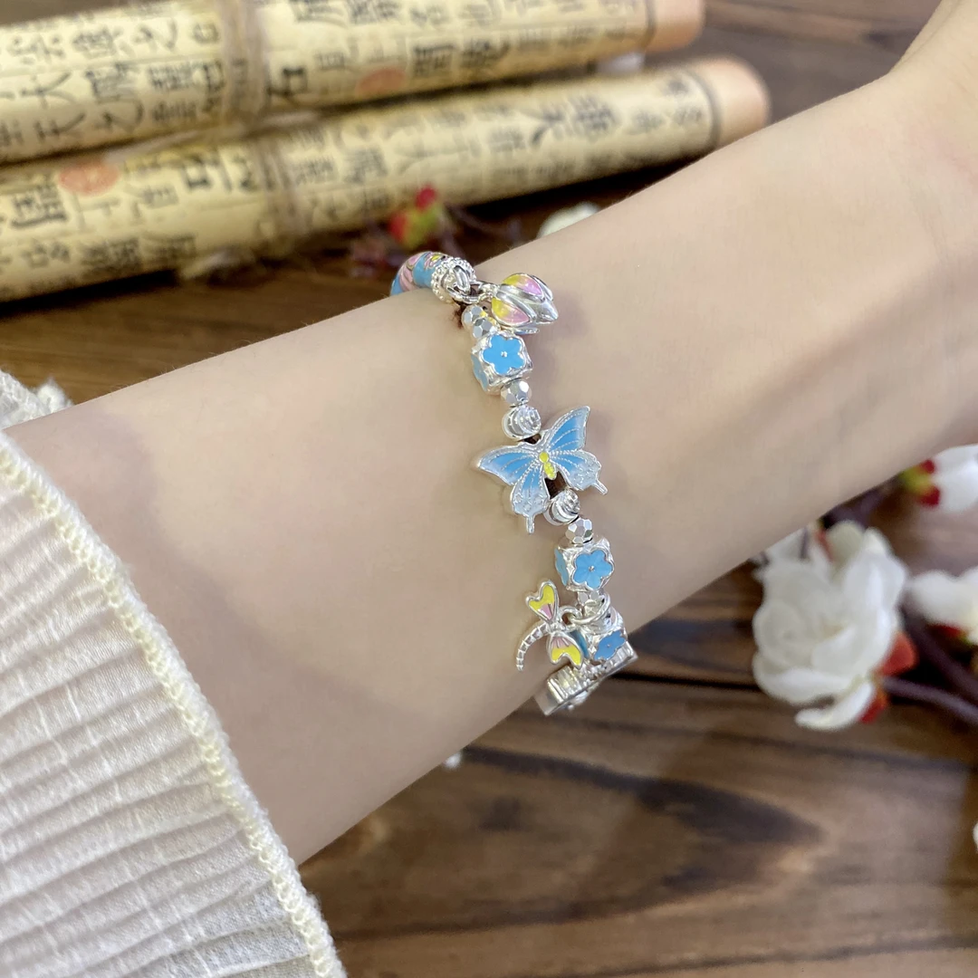 足银手链 实心蓝梦蝶半鐲半链 足银手链