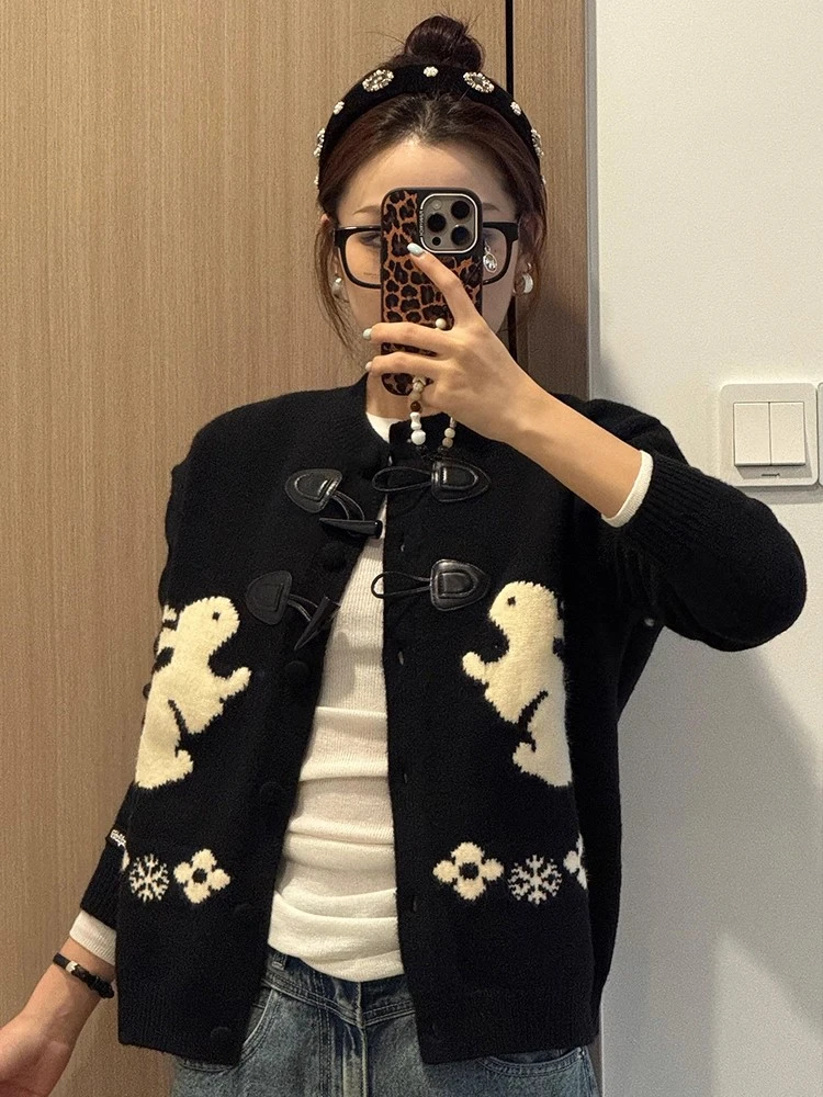 甜美风可爱兔子提花圆领针织开衫秋季2025新款韩系宽松休闲上衣女