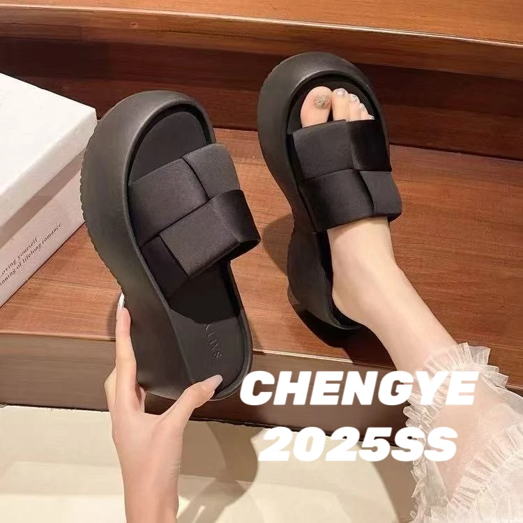 【CHENGYE】7cm-法式拼接高跟2025新款舒适百搭懒人鞋一脚蹬