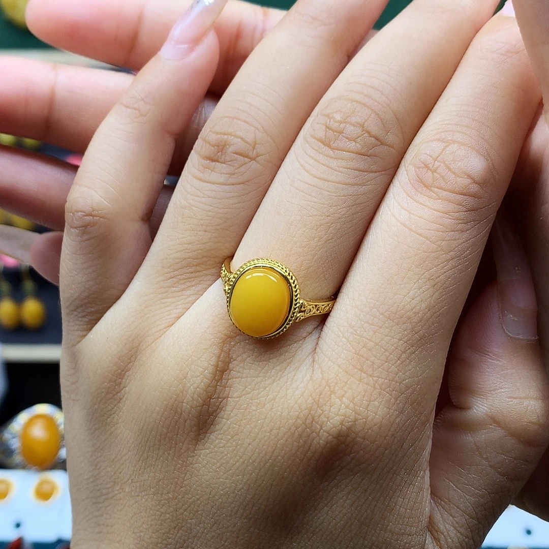 蜜蜡银S925镶嵌戒指戒指