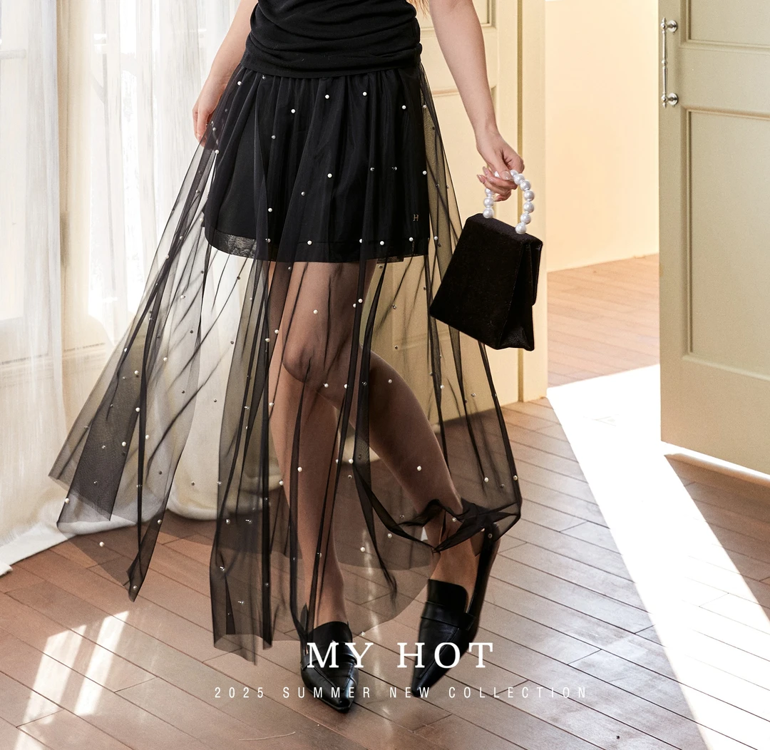 半身裙纱裙钉珠中长裙黑色薄款时尚高腰夏季A字裙短裙打底