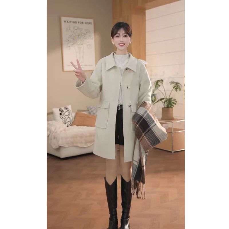 高级感韩系宽松小个子双面呢大衣女中长款2025新款秋冬毛呢外套女