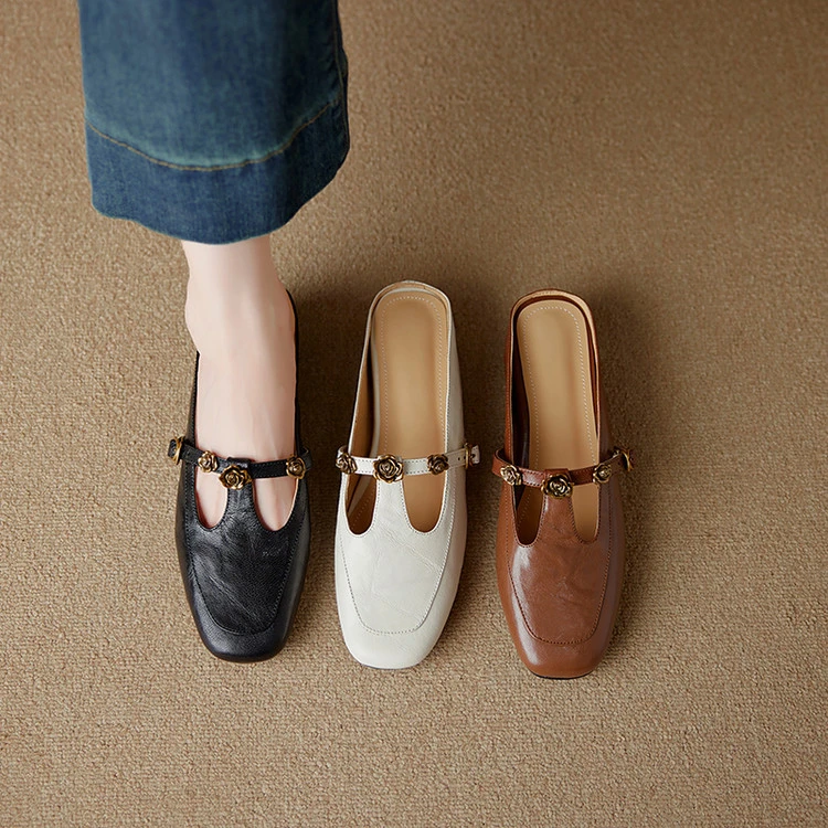 【跟高4.5cm】包头拖2025年夏季复古风粗跟浅口纯色真皮女拖鞋