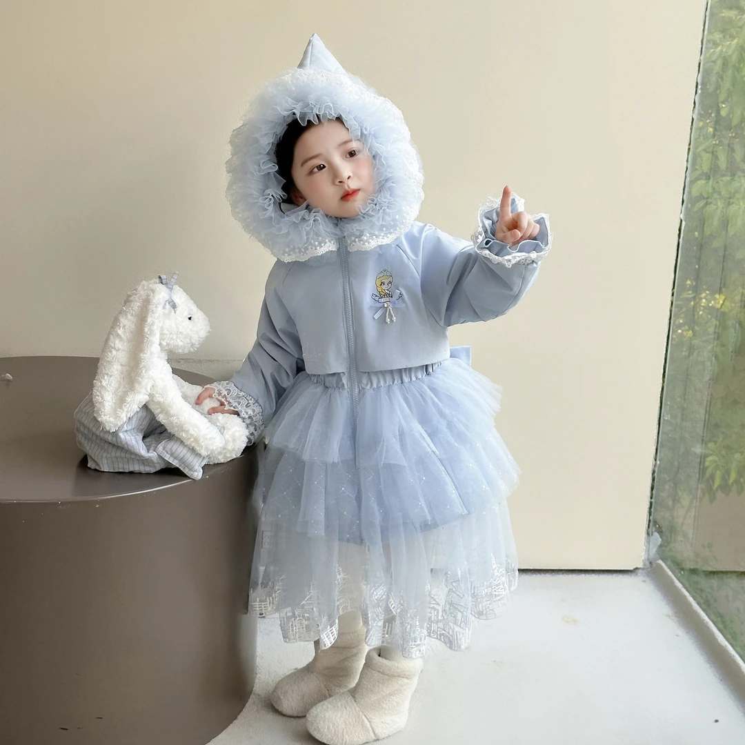 女童中长款爱莎加绒加棉刺绣蕾丝棉衣冬季新款洋气时尚卡通棉衣仙