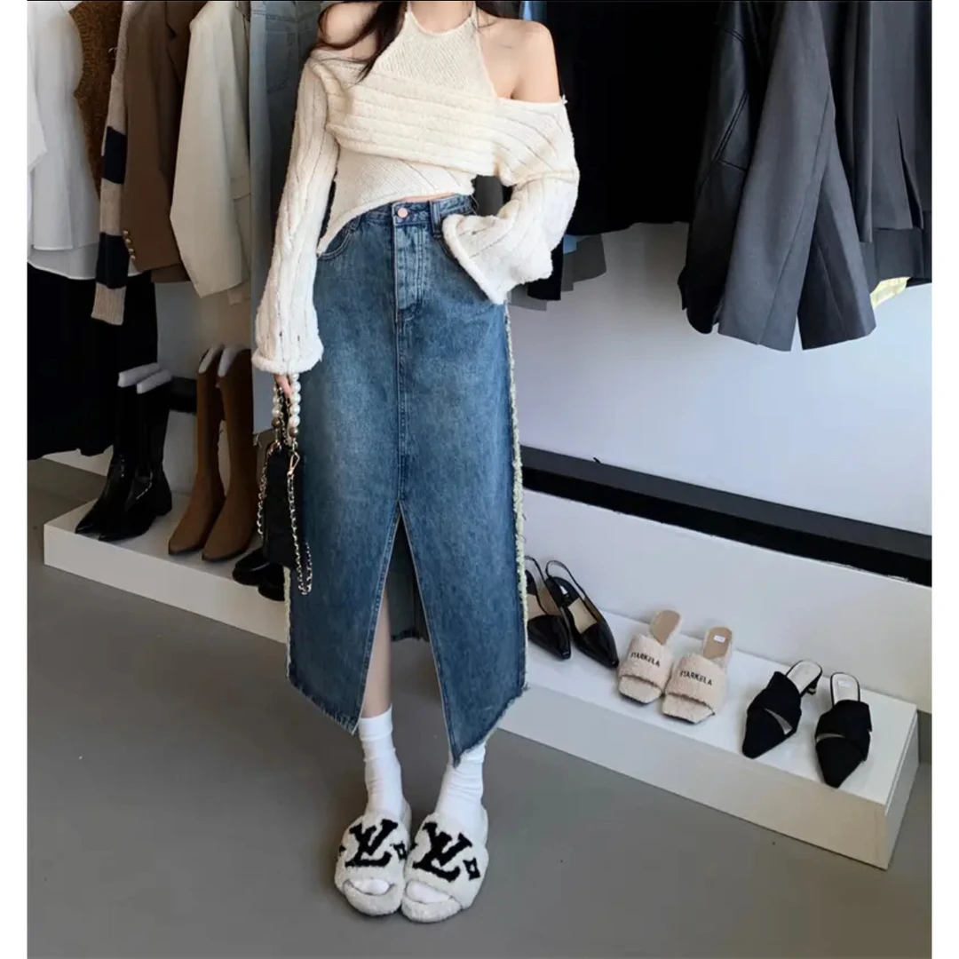 8018#毛边做旧牛仔裙半身裙女春秋季高腰开叉中长款a字直筒裙