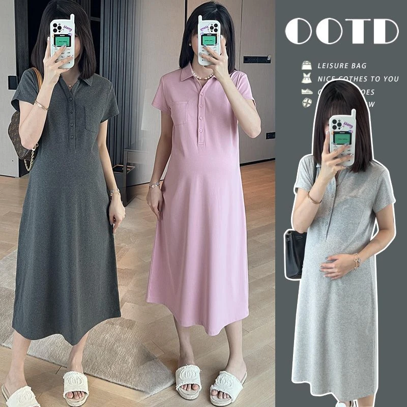 孕妇连衣裙夏季舒适可哺乳裙子大码女韩版品质POLO领简约孕妇裙夏