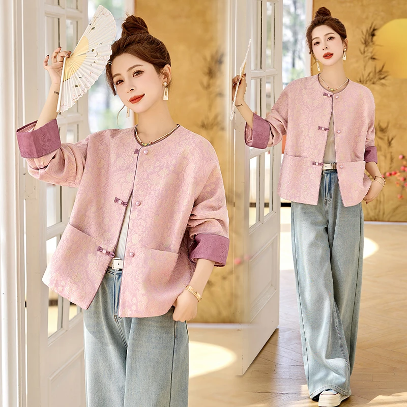 新中式复古提花短款外套女2025秋季新款时尚气质名媛盘扣国风上衣