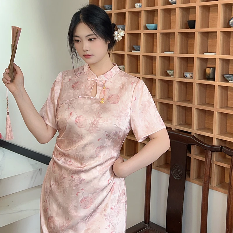 粉竹【自制款】粉色温柔娇羞新中式大码胖mm旗袍连衣裙提花缎面夏