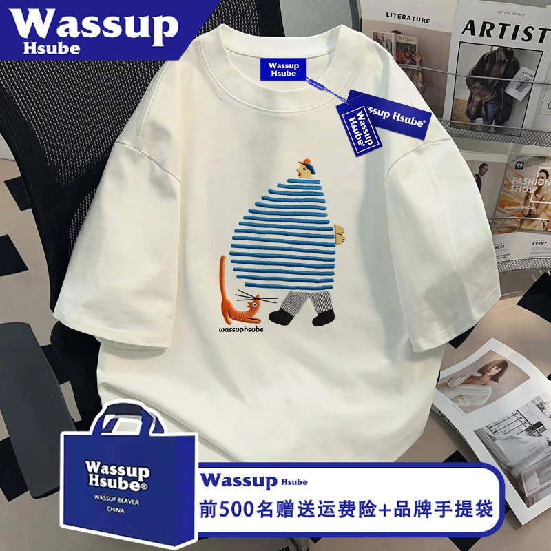 WASSUP HSUBE大肚子人印花纯棉T恤百搭短袖ins夏季白色男女款上衣