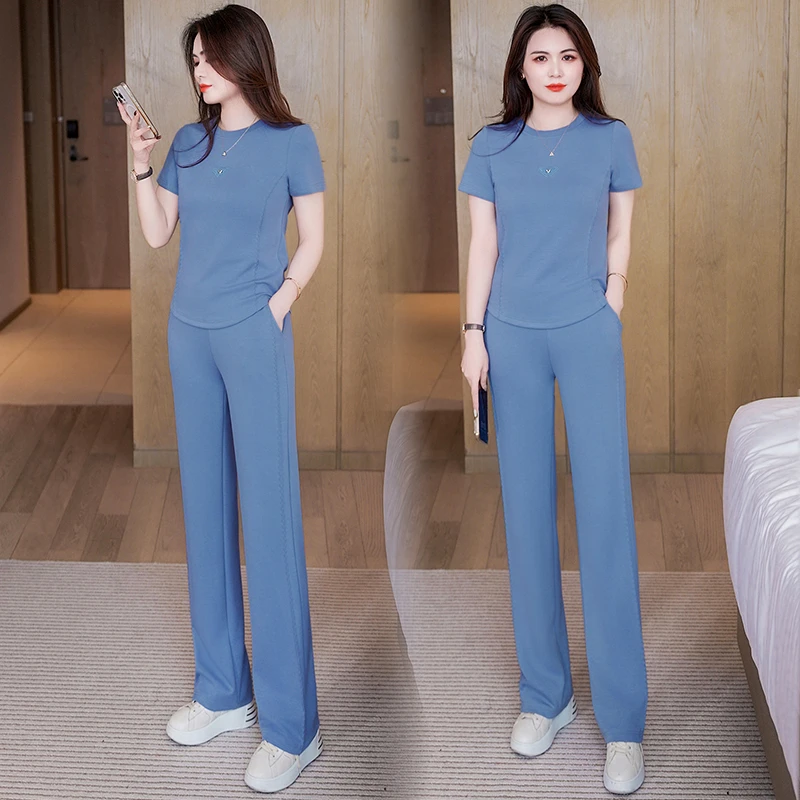 休闲运动套装女2025夏季新款洋气显瘦圆领短袖阔腿裤减龄两件套潮