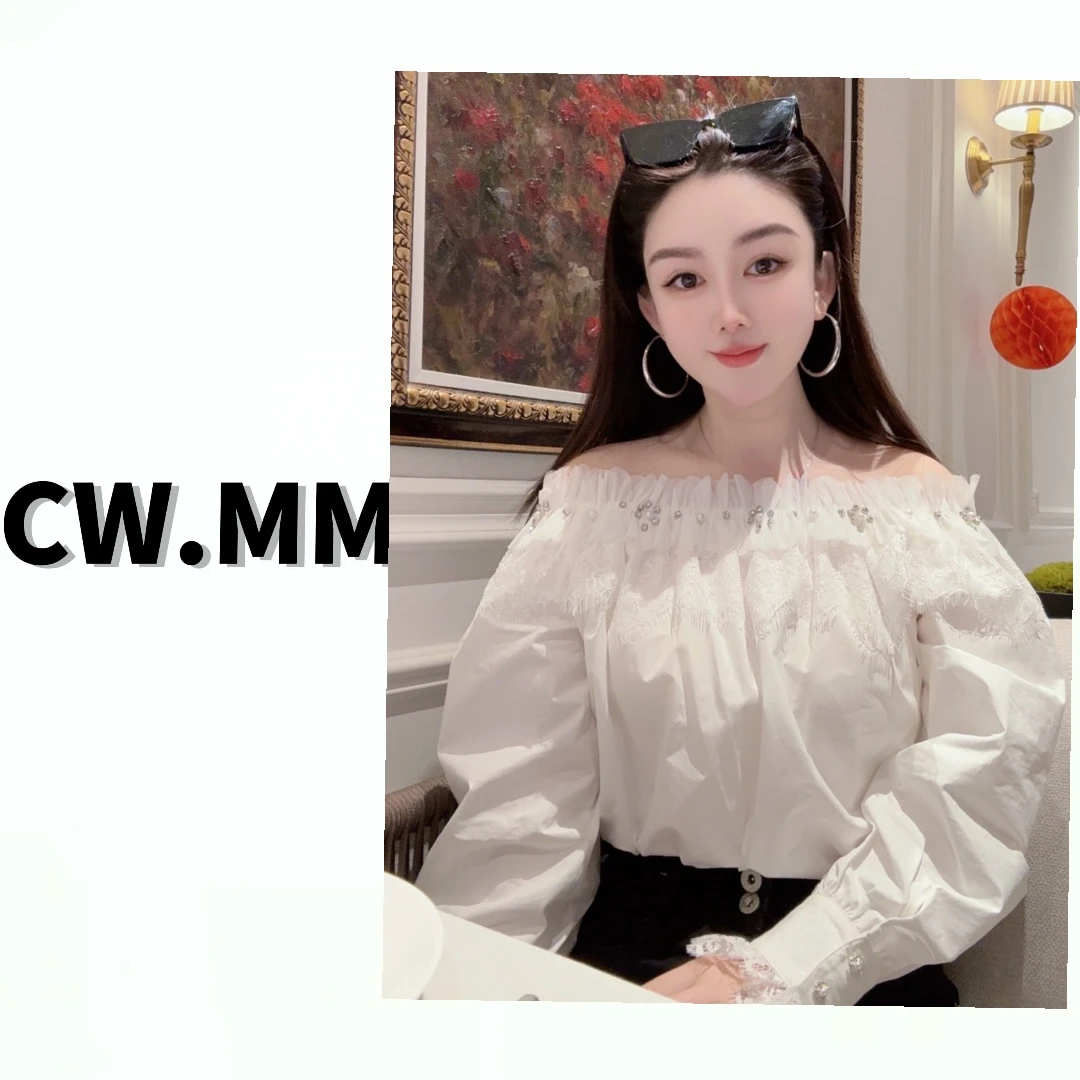CW.MM～ 白色法式拼接订钻一字领衬衣上衣